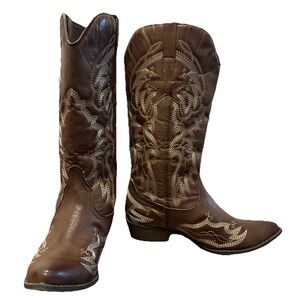 Coconuts Lone Star Texas Western Faux Brown Leather White Stitching Size 9M